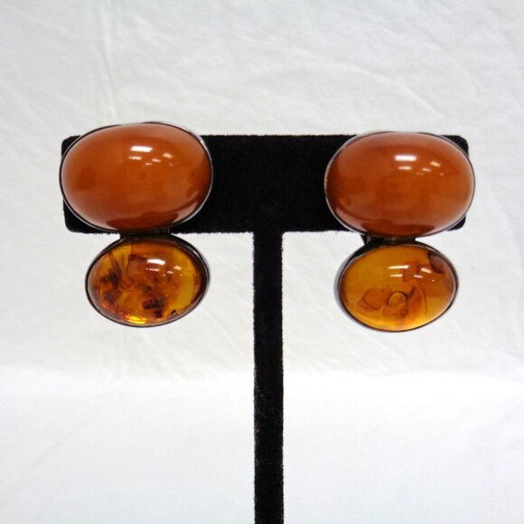 Rebecca Collins Sterling Silver Amber and Orange Jade Clip On Earrings - Picture 7 of 8